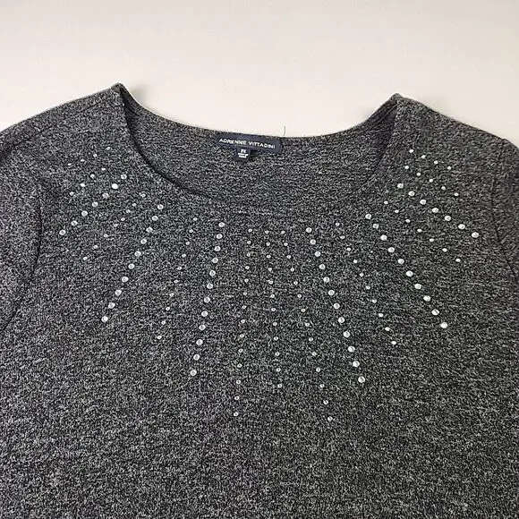 Adrienne Vittadini 2XL Grey Crystal Studded Round Neck Sweater Gathered Sleeve - Picture 2 of 9